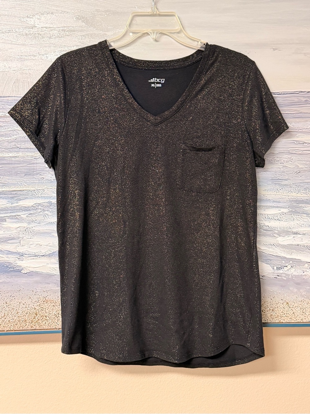 bcg Black & Metallic Sparkle V-Neck Short Sleeve Pocket T-Shirt